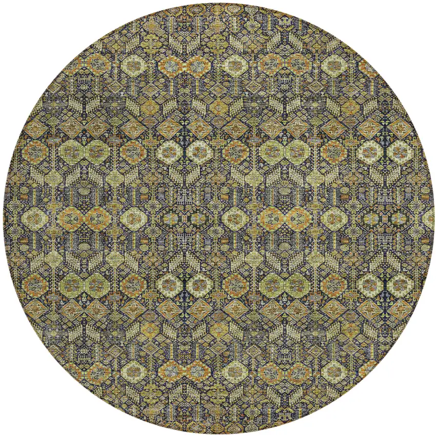 Blue and Orange Round Floral Washable Non Skid Indoor Outdoor Area Rug Photo 2