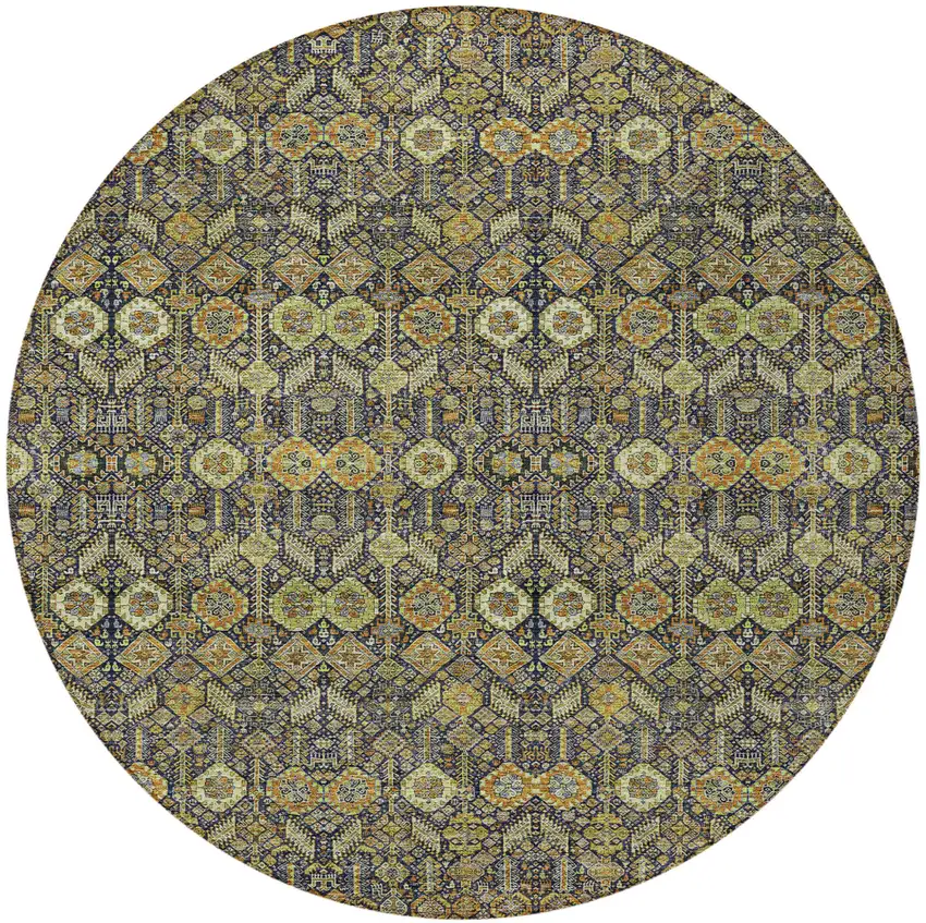 8' Round Blue and Orange Round Floral Washable Non Skid Indoor Outdoor Area Rug Photo 4