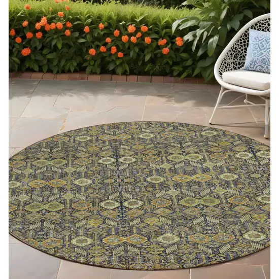 Blue and Orange Round Floral Washable Non Skid Indoor Outdoor Area Rug Photo 1