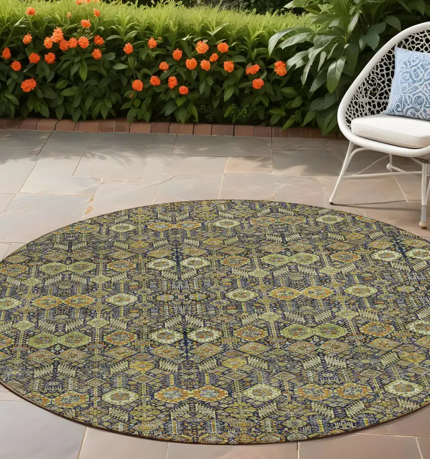 Blue and Orange Round Floral Washable Non Skid Indoor Outdoor Area Rug Photo 1