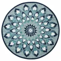 Photo of 4' Round Blue and White Floral Feather Area Rug