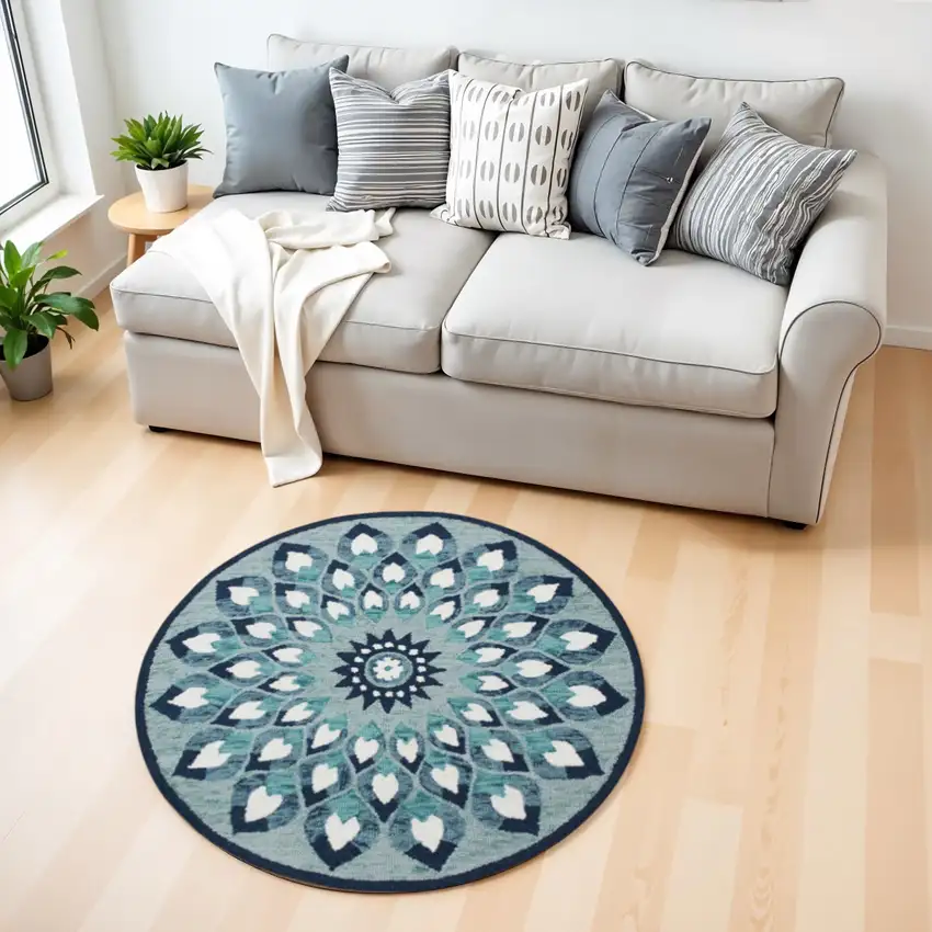 Blue and White Floral Feather Area Rug Photo 1