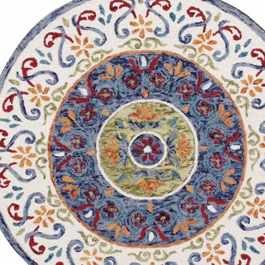 4' Round Blue and White Ornate Medallion Area Rug Photo 9