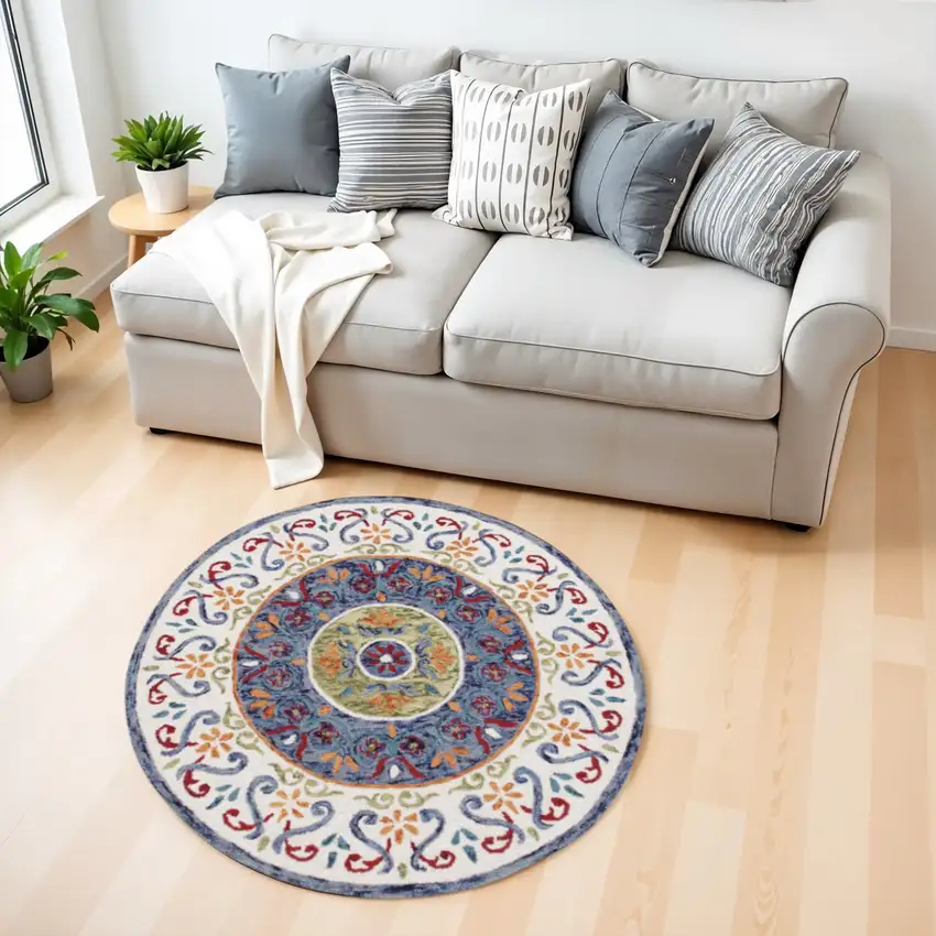 Blue and White Ornate Medallion Area Rug Photo 2