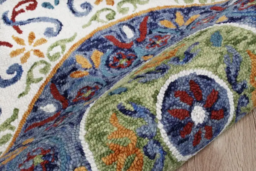 4' Round Blue and White Ornate Medallion Area Rug Photo 8