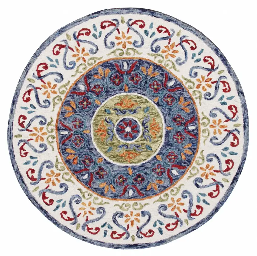 4' Round Blue and White Ornate Medallion Area Rug Photo 1