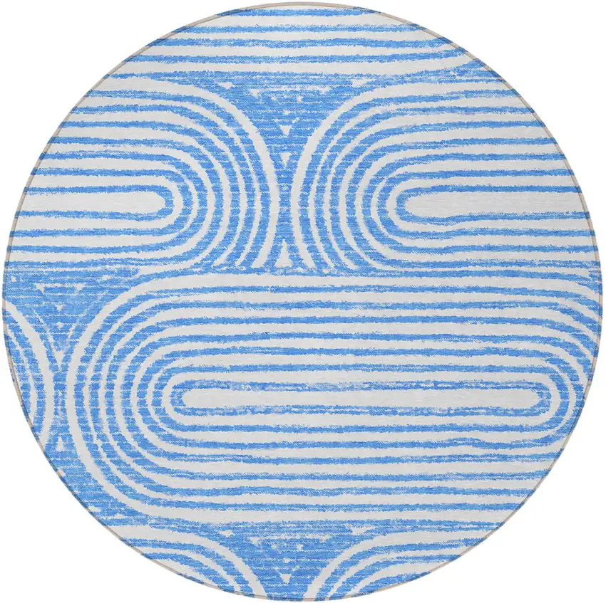 8' Round Blue and White Round Abstract Washable Non Skid Indoor Outdoor Area Rug Photo 5