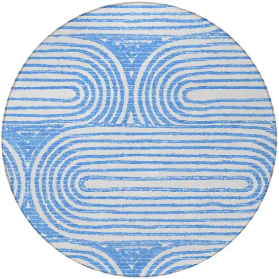 Blue and White Round Abstract Washable Non Skid Indoor Outdoor Area Rug Photo 4