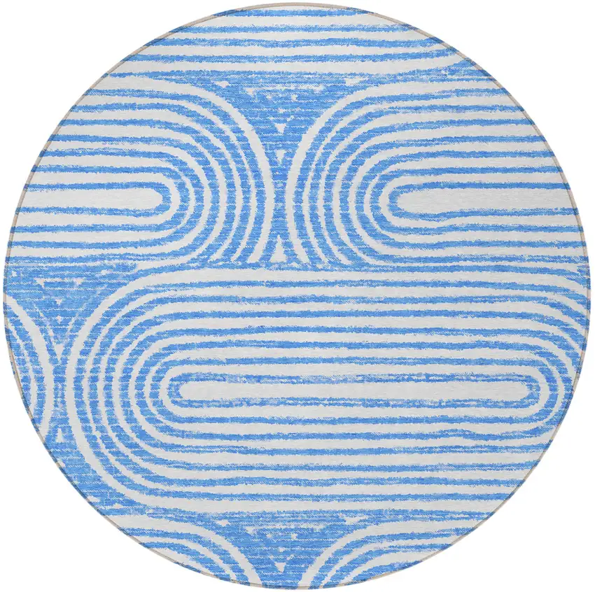 Blue and White Round Abstract Washable Non Skid Indoor Outdoor Area Rug Photo 4