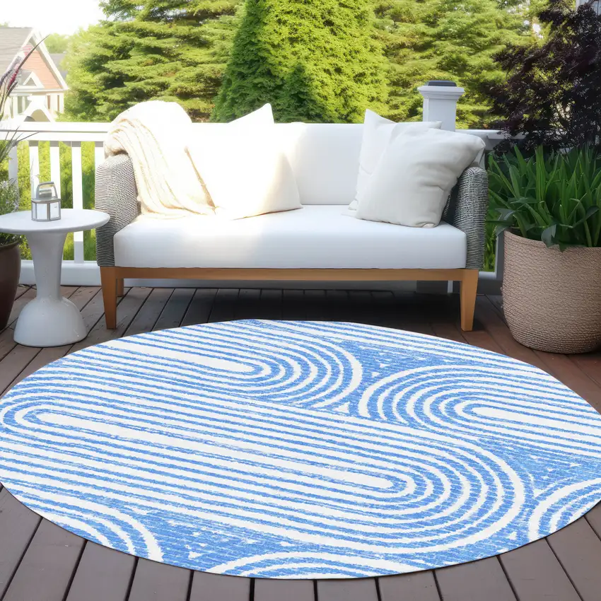 8' Round Blue and White Round Abstract Washable Non Skid Indoor Outdoor Area Rug Photo 8