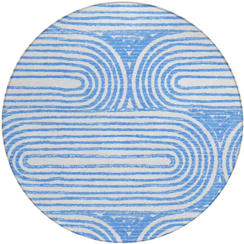 8' Round Blue and White Round Abstract Washable Non Skid Indoor Outdoor Area Rug Photo 2