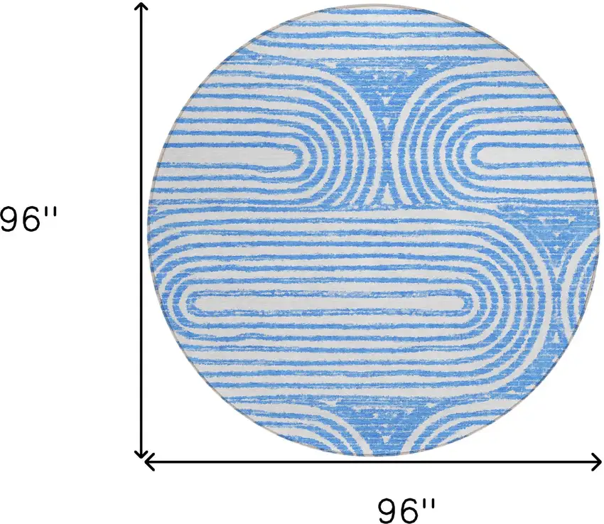 Blue and White Round Abstract Washable Non Skid Indoor Outdoor Area Rug Photo 3
