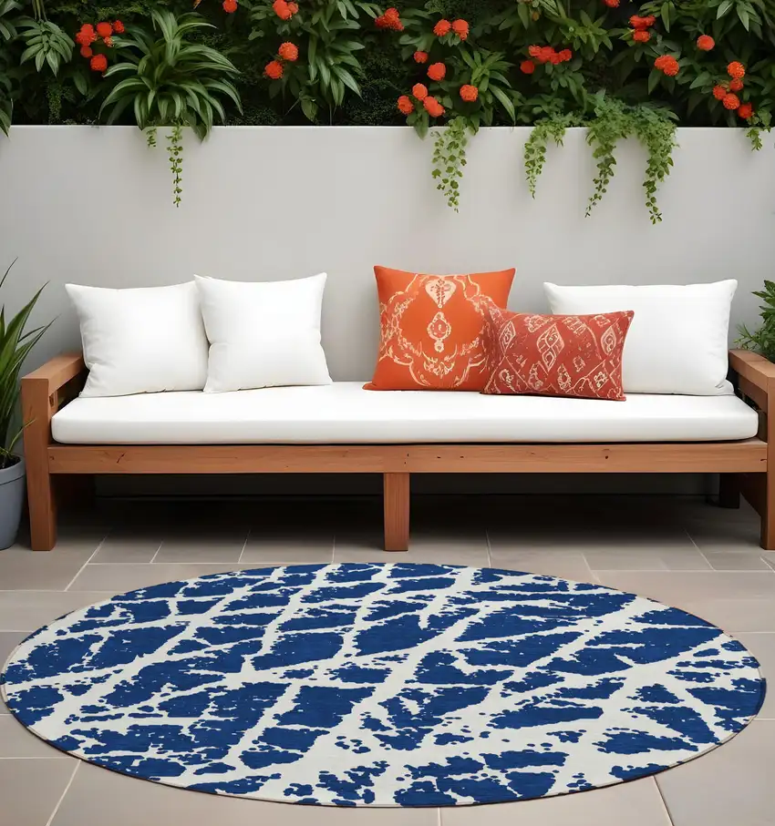 Blue and White Round Abstract Washable Non Skid Indoor Outdoor Area Rug Photo 1