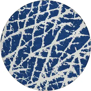 Photo of 8' Round Blue and White Round Abstract Washable Non Skid Indoor Outdoor Area Rug
