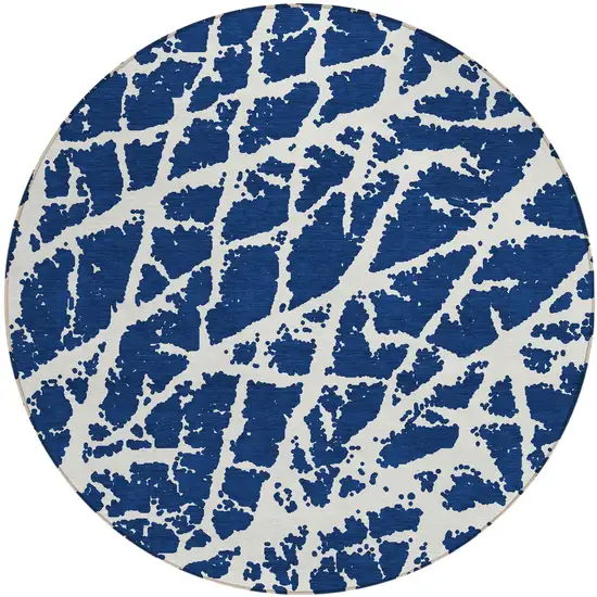 8' Round Blue and White Round Abstract Washable Non Skid Indoor Outdoor Area Rug Photo 2