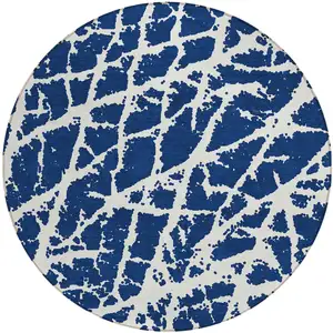 Photo of 8' Round Blue and White Round Abstract Washable Non Skid Indoor Outdoor Area Rug
