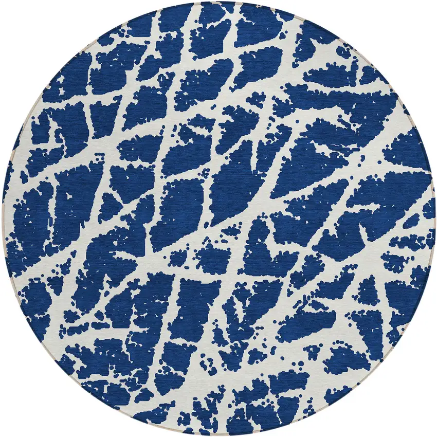 8' Round Blue and White Round Abstract Washable Non Skid Indoor Outdoor Area Rug Photo 2