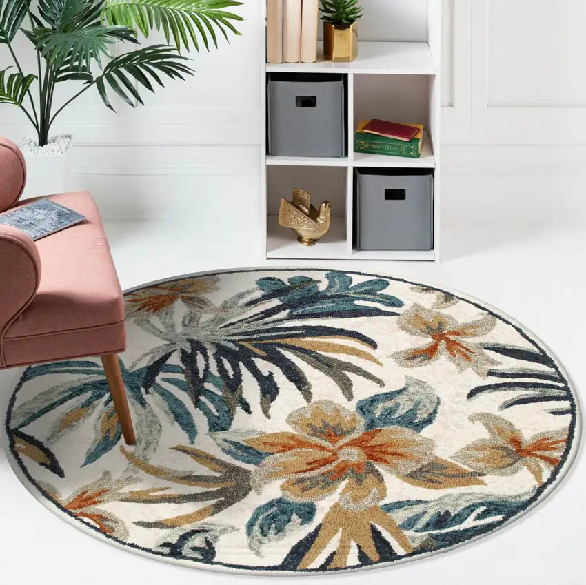6' Round Blue and White Tropical Area Rug Photo 7