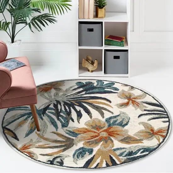 6' Round Blue and White Tropical Area Rug Photo 7
