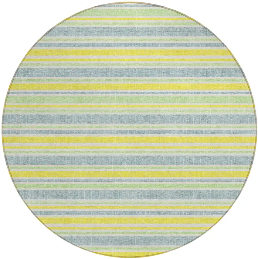 8' Round Blue and Yellow Round Striped Washable Non Skid Indoor Outdoor Area Rug Photo 2