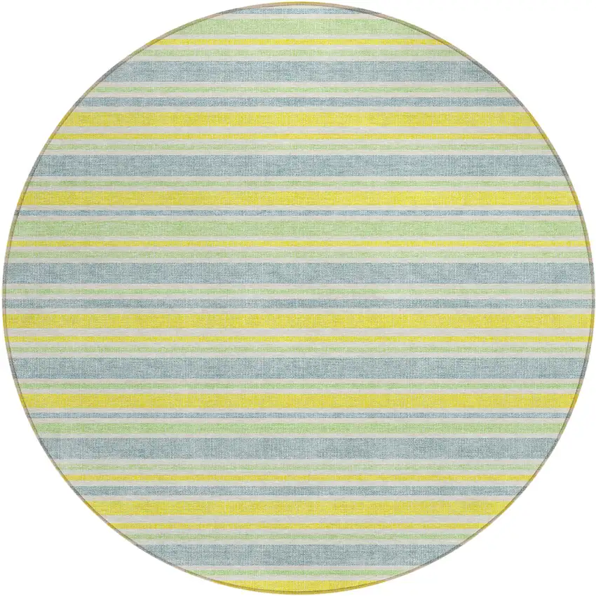 8' Round Blue and Yellow Round Striped Washable Non Skid Indoor Outdoor Area Rug Photo 2