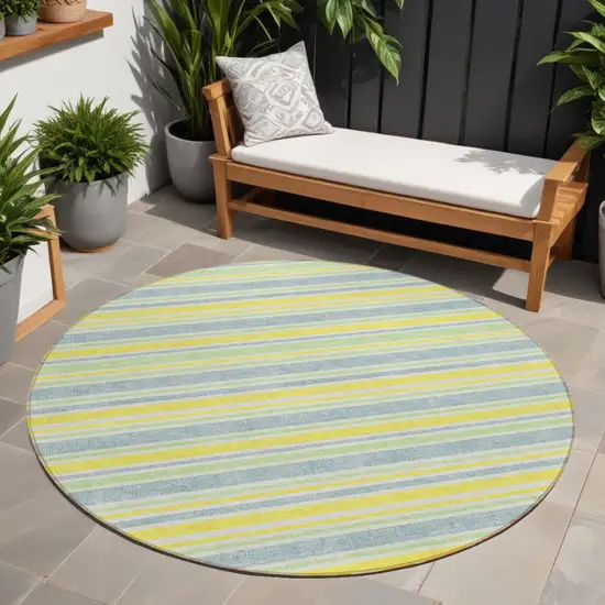 Blue and Yellow Round Striped Washable Non Skid Indoor Outdoor Area Rug Photo 1