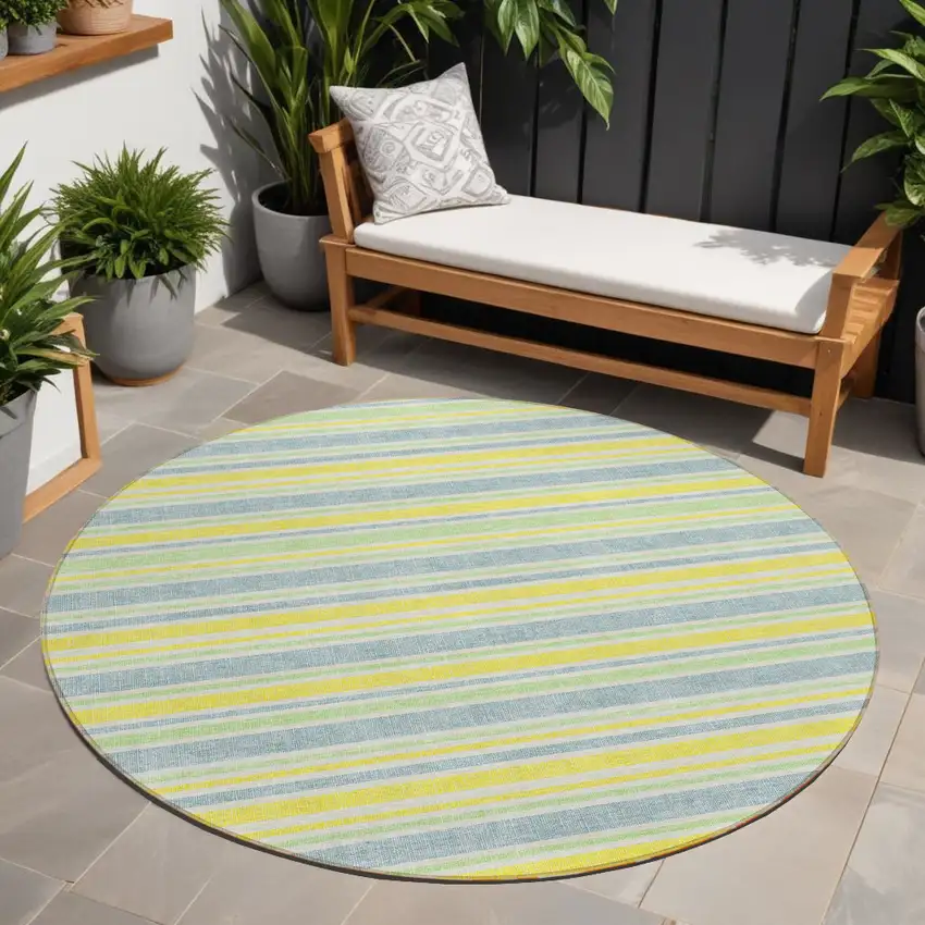 Blue and Yellow Round Striped Washable Non Skid Indoor Outdoor Area Rug Photo 1