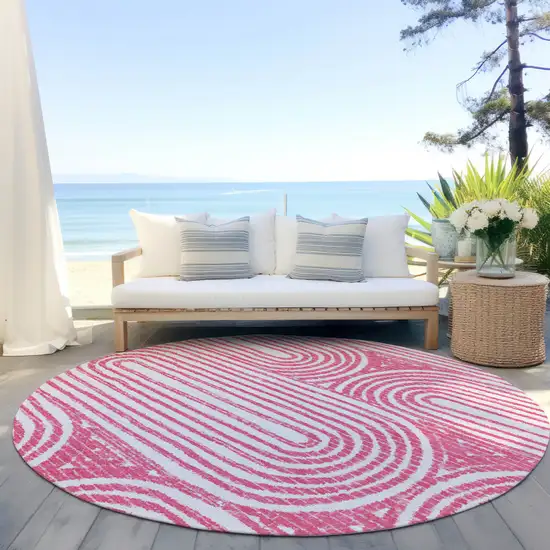 Blush Round Abstract Washable Non Skid Indoor Outdoor Area Rug Photo 9