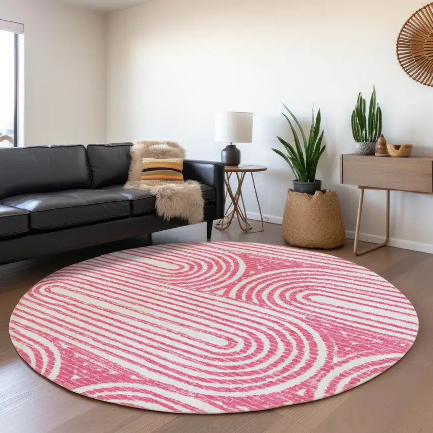 Blush Round Abstract Washable Non Skid Indoor Outdoor Area Rug Photo 9