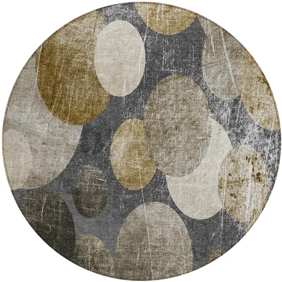 Brown Beige and Ivory Round Abstract Washable Non Skid Indoor Outdoor Area Rug Photo 2