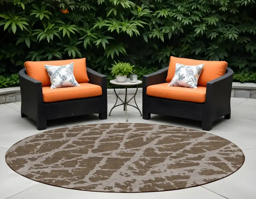 8' Round Brown Round Abstract Washable Non Skid Indoor Outdoor Area Rug Photo 1