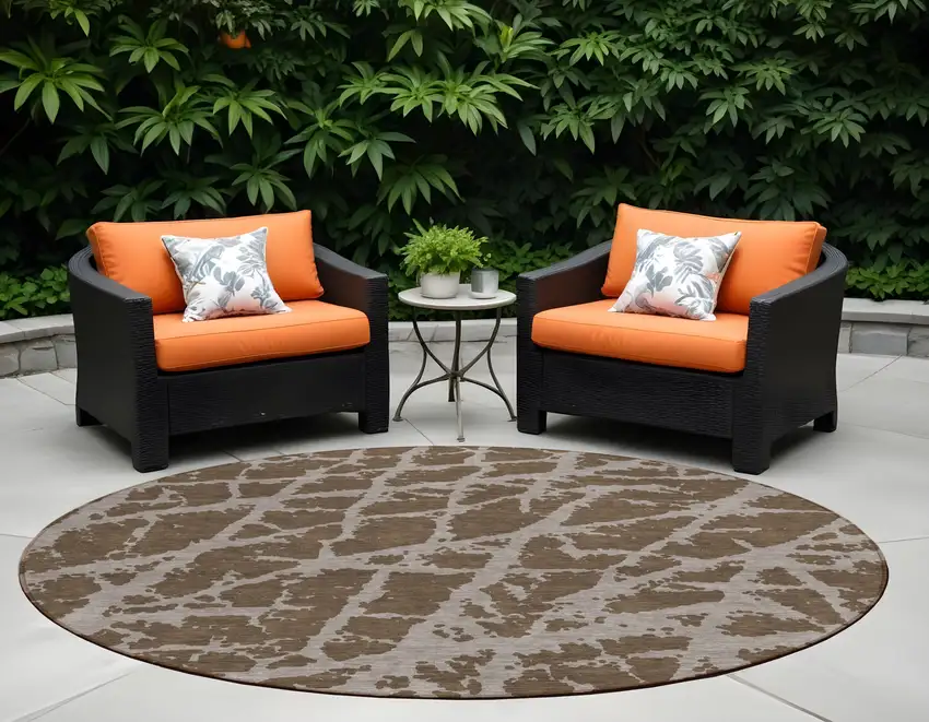 8' Round Brown Round Abstract Washable Non Skid Indoor Outdoor Area Rug Photo 1