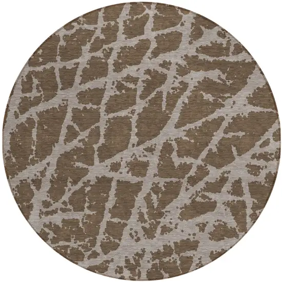 Brown Round Abstract Washable Non Skid Indoor Outdoor Area Rug Photo 2