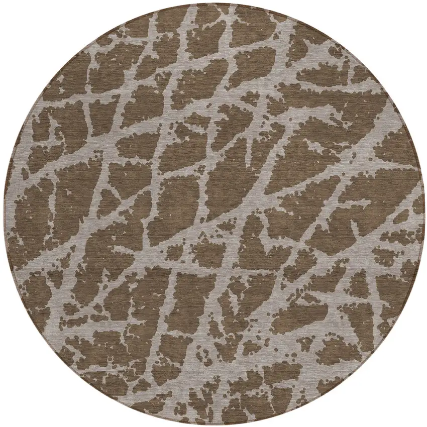 Brown Round Abstract Washable Non Skid Indoor Outdoor Area Rug Photo 2