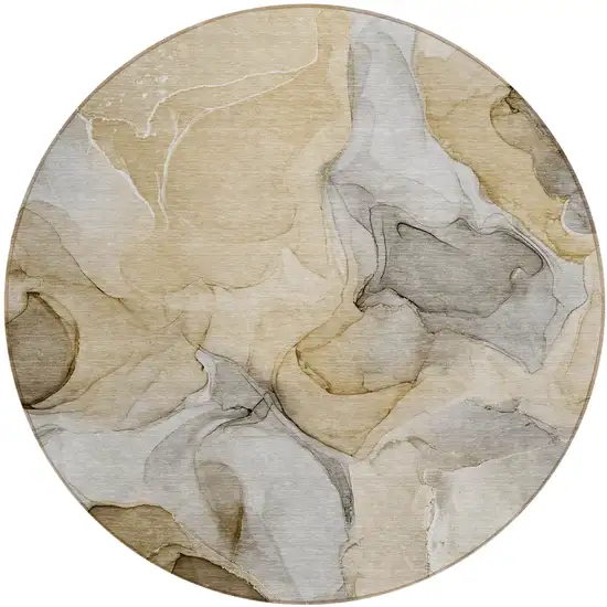 Brown Round Abstract Washable Non Skid Indoor Outdoor Area Rug Photo 2