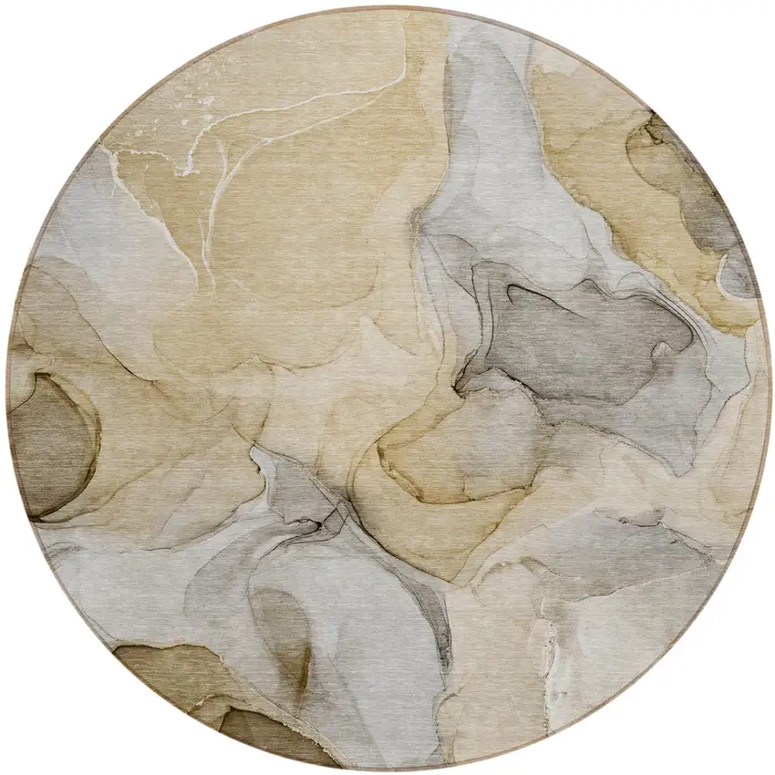 Brown Round Abstract Washable Non Skid Indoor Outdoor Area Rug Photo 2