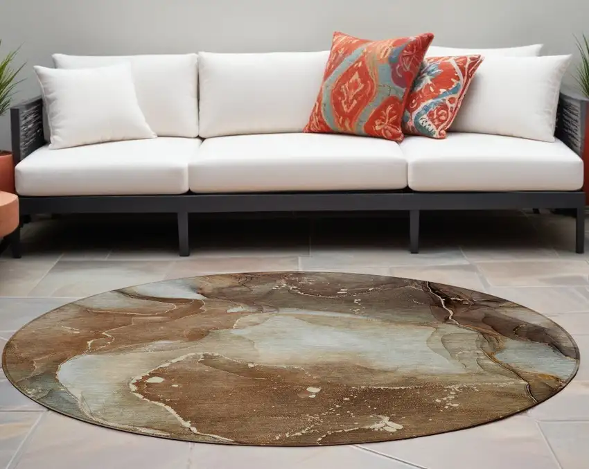 8' Round Brown Round Abstract Washable Non Skid Indoor Outdoor Area Rug Photo 1