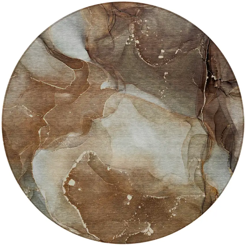 8' Round Brown Round Abstract Washable Non Skid Indoor Outdoor Area Rug Photo 2
