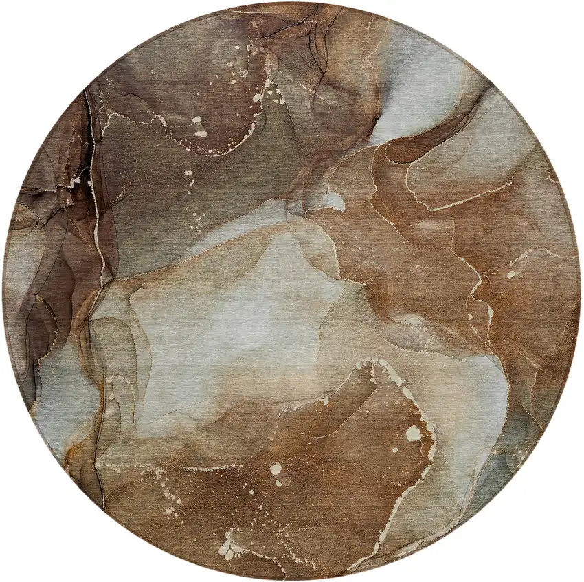 8' Round Brown Round Abstract Washable Non Skid Indoor Outdoor Area Rug Photo 5