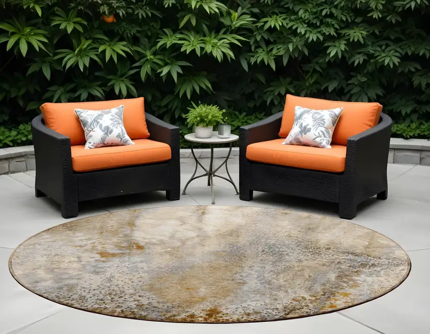 Brown Round Abstract Washable Non Skid Indoor Outdoor Area Rug Photo 1