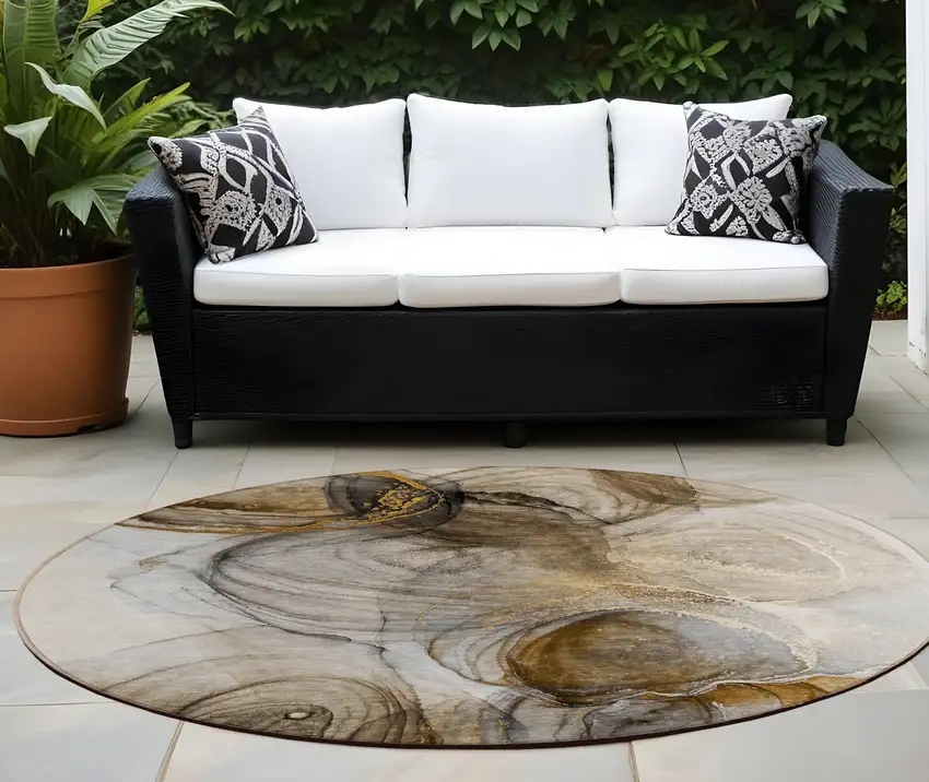 Brown Round Abstract Washable Non Skid Indoor Outdoor Area Rug Photo 1