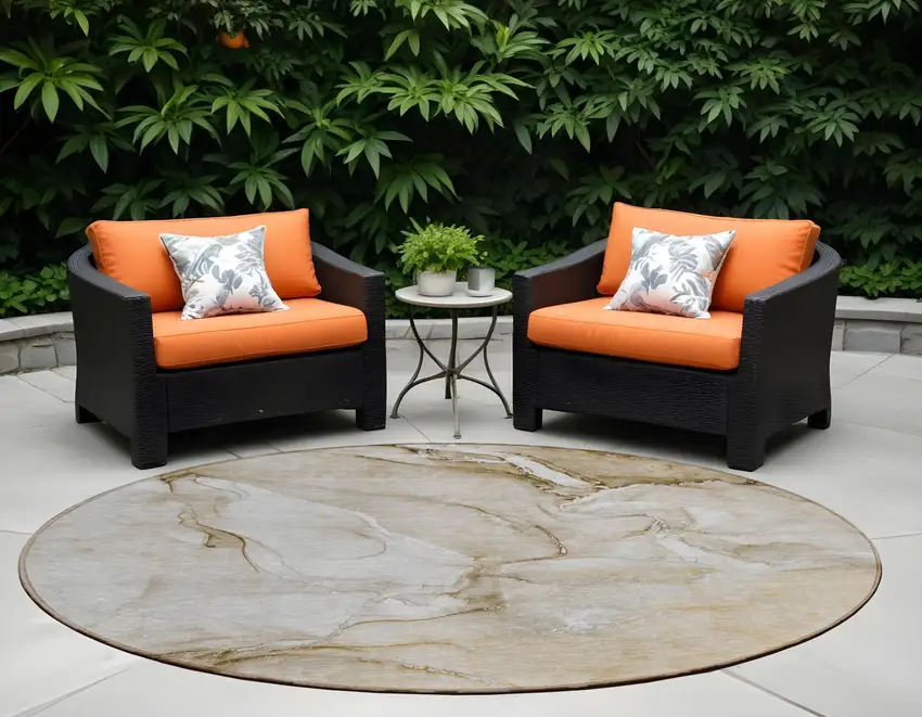 Brown Round Abstract Washable Non Skid Indoor Outdoor Area Rug Photo 1