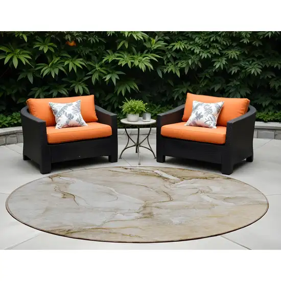 Brown Round Abstract Washable Non Skid Indoor Outdoor Area Rug Photo 1
