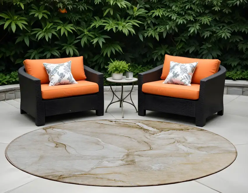 Brown Round Abstract Washable Non Skid Indoor Outdoor Area Rug Photo 1