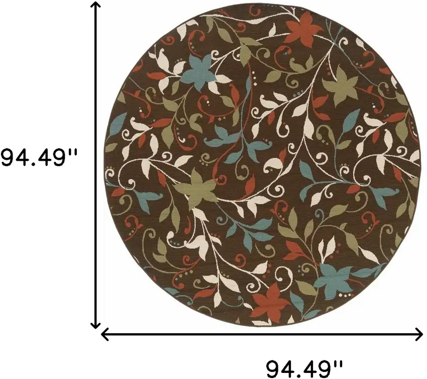 8' Round Brown Round Floral Stain Resistant Indoor Outdoor Area Rug Photo 4