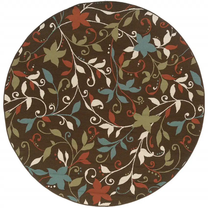 8' Round Brown Round Floral Stain Resistant Indoor Outdoor Area Rug Photo 2