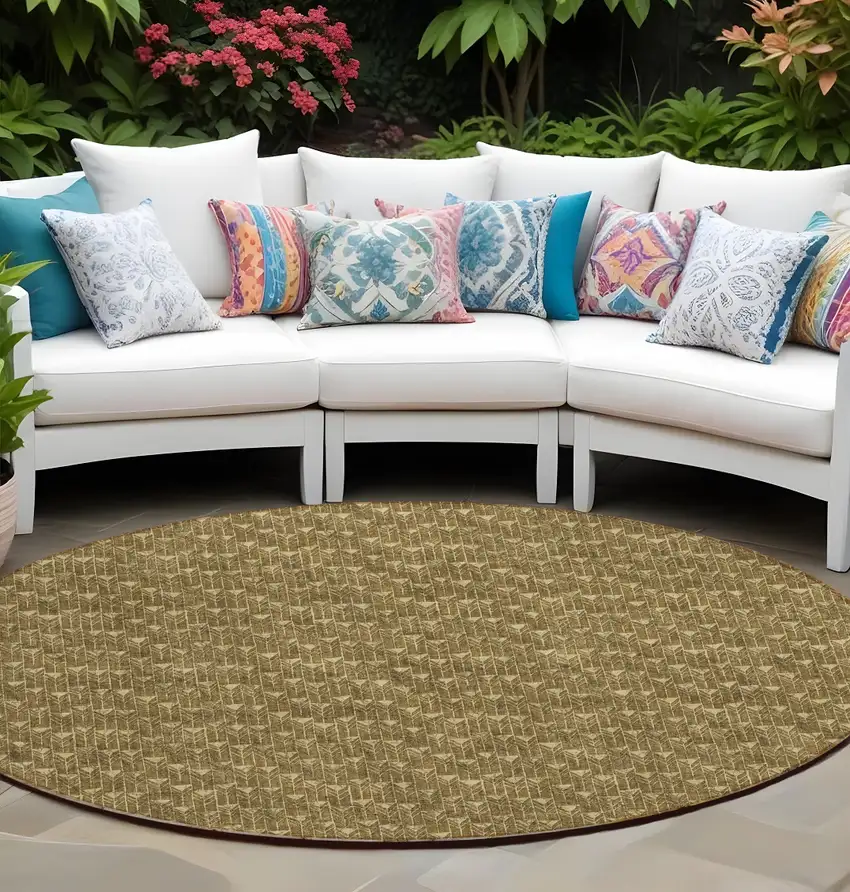 Brown Round Geometric Washable Non Skid Indoor Outdoor Area Rug Photo 1