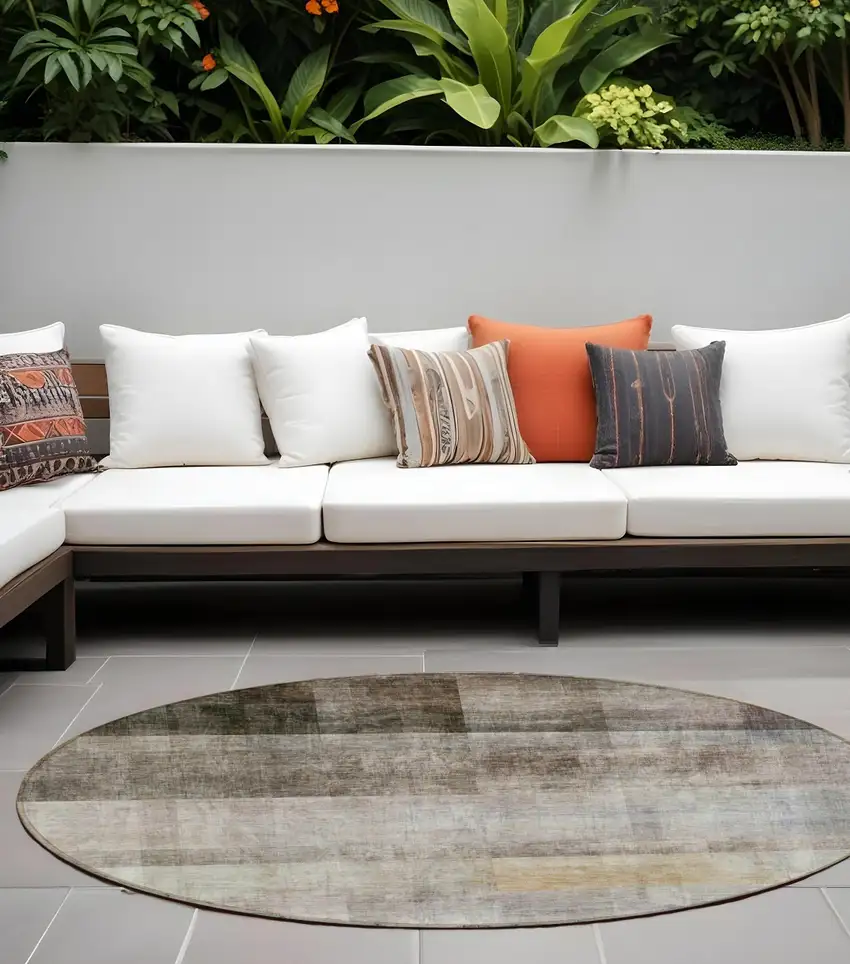 8' Round Brown Round Ombre Washable Non Skid Indoor Outdoor Area Rug Photo 1