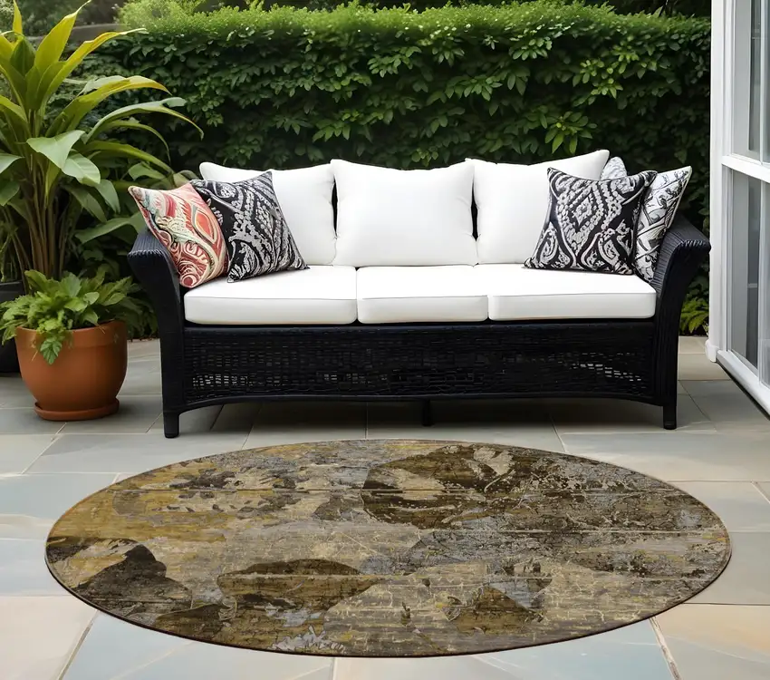 Brown Terracotta and Gray Round Floral Washable Non Skid Indoor Outdoor Area Rug Photo 1