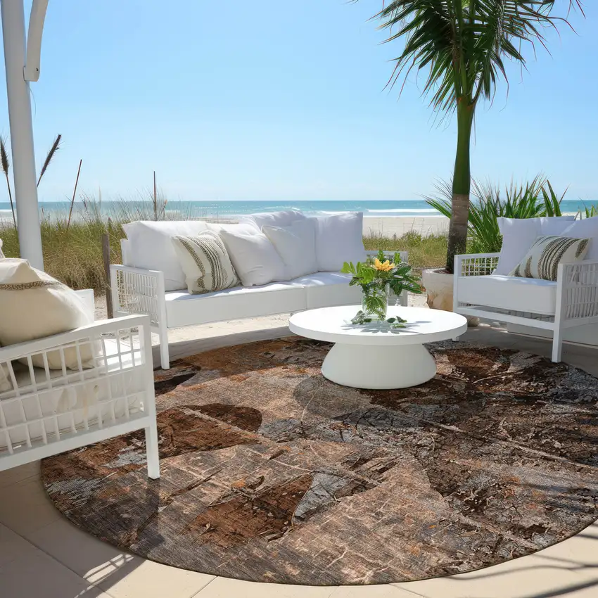 Brown Terracotta and Gray Round Floral Washable Non Skid Indoor Outdoor Area Rug Photo 8